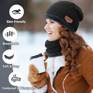 2 Sets Winter Beanie Hat Scarf Fleece Skull Cap Neck Warmer Black Brown Toboggan
